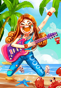 时尚立夏五四青年节拿电吉他的波浪妹纸插画
