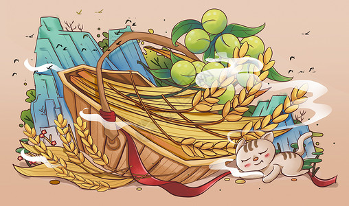 一盔一带海报芒种节气小猫和一篮子麦穗插画插画
