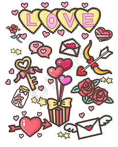 丘比特拿心玫瑰爱情粉色情人节像素画插画