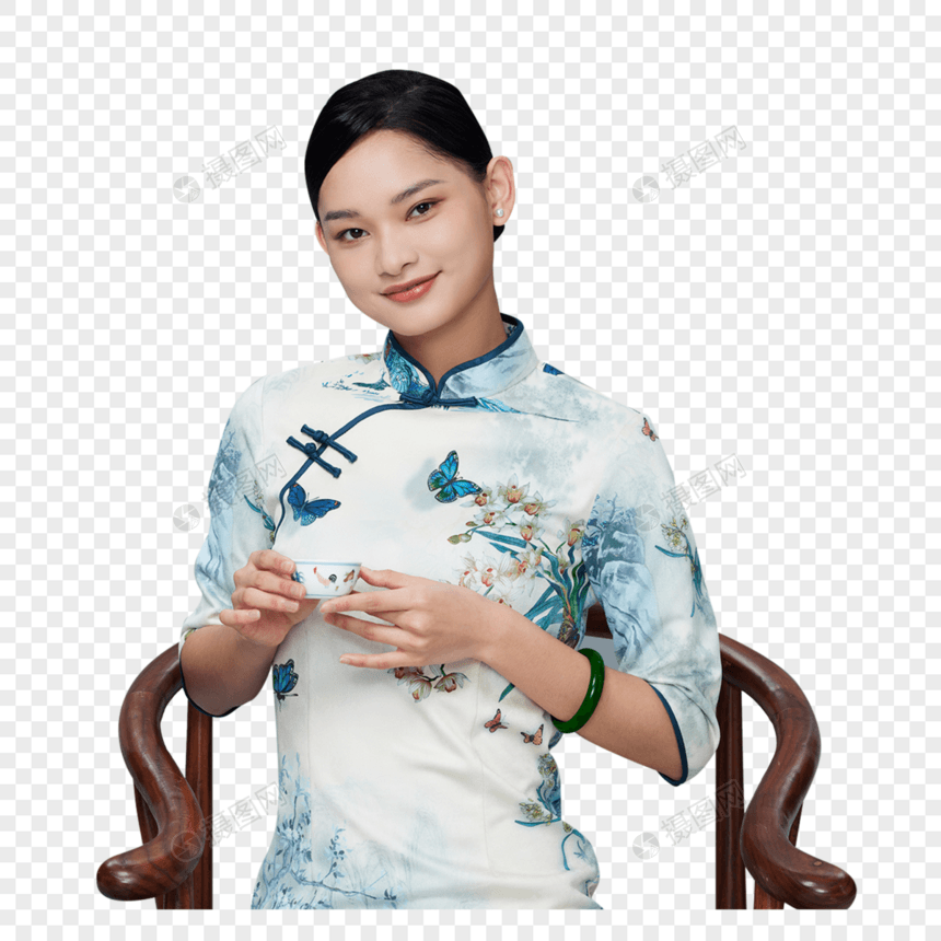 年轻国风女性喝茶形象图片