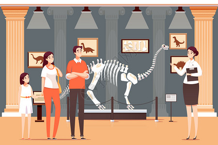 参观人博物馆日讲解恐龙化石插画
