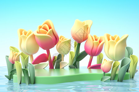 轻黏土夏季水面花朵场景设计图片