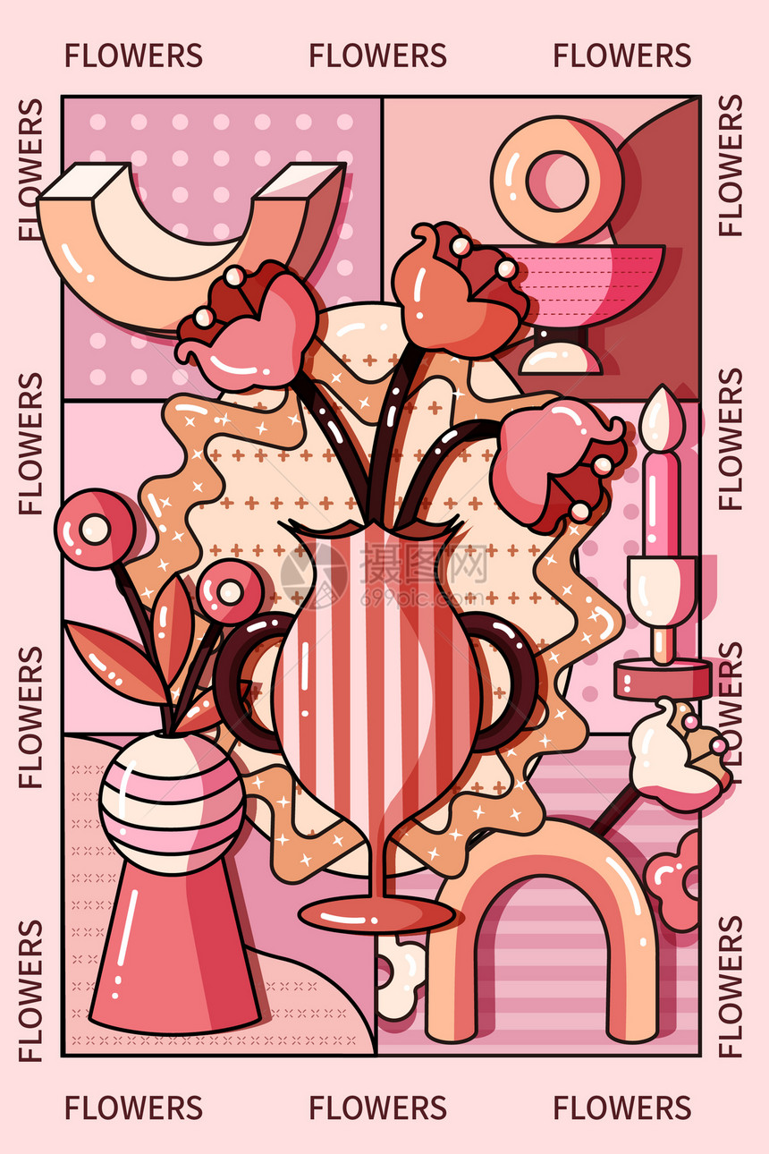 孟菲斯奶油草莓色扁平插画图片