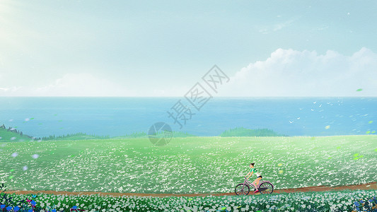 夏季单车女孩海边美丽风景插画