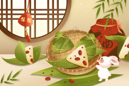 花窗格小清新红枣粽子端午美食与小兔子插画GIF高清图片