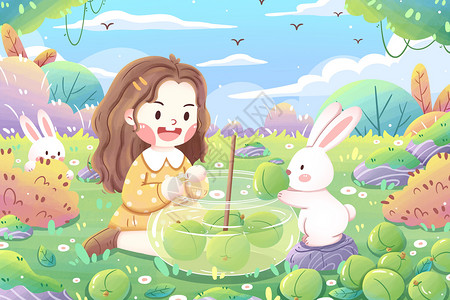 夏日美食海报芒种节气女孩与兔子卡通插画插画