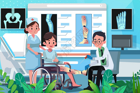 医生看X光片全国助残日医生护士帮助残疾人安装维修义肢机械腿插画