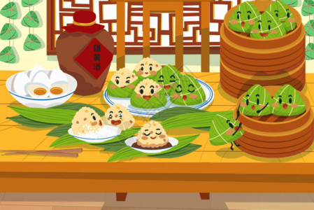 碗筷餐具端午节餐桌上可爱粽子跳出来玩耍嬉戏GIF高清图片