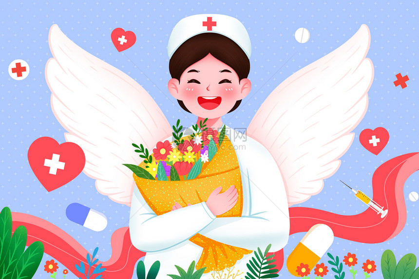 抱着鲜花的护士插画图片