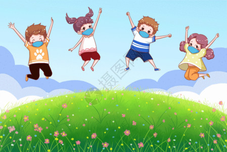 女孩子们草坪上玩耍跳跃的孩子们GIF高清图片