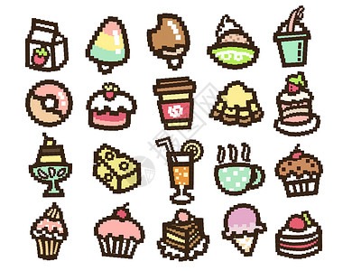 零食甜品甜甜圈卡通蛋糕冰激凌饮品甜点零食像素画插画