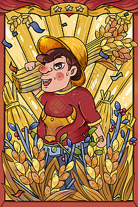 抱着麦穗农民国潮复古芒种节气手抱麦穗的农民插画