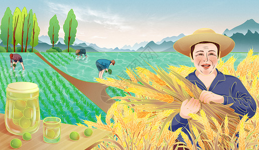 割水稻的男人二十四节气芒种收小麦国潮手绘插画插画