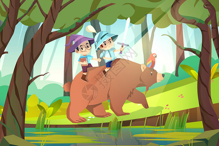 六一儿童节孩子大冒险魔法师战士骑熊穿越森林背景图片