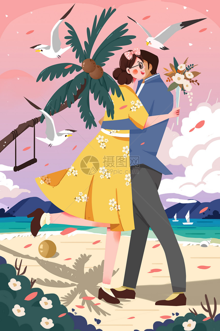 浪漫情人节520拥抱的情侣在海滩图片