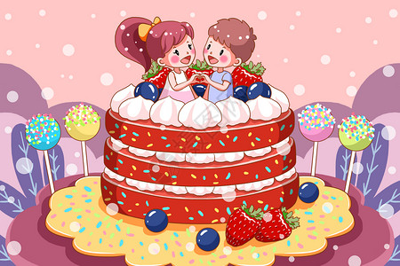 蓝莓草莓蛋糕蛋糕上的小情侣插画