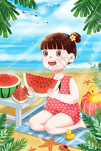 夏天海边露营吃西瓜的女孩插画图片