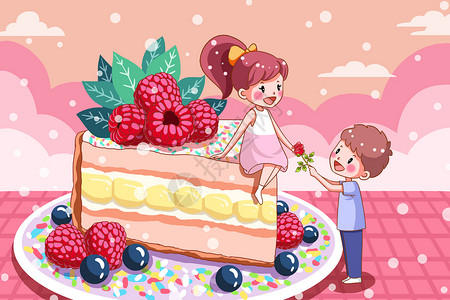 坐在船上的女孩儿坐在蛋糕上的女孩和送玫瑰的男孩插画