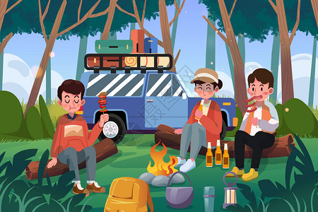 郊游野营男女朋友开车森林聚餐烧烤游玩图片