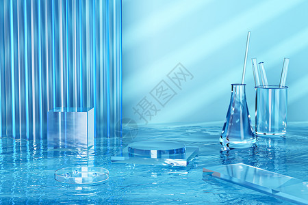 透明容器蓝色玻璃质感展台背景设计图片