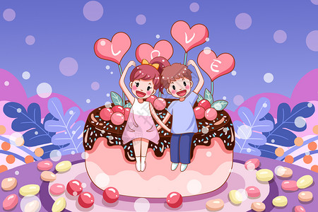 小人气球素材蛋糕上比心的小情侣插画