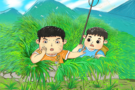 儿童节之和小伙伴抓蝴蝶横版插画背景图片