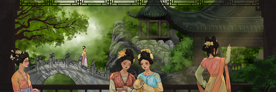 古代花窗园林景色仕女图长卷插画