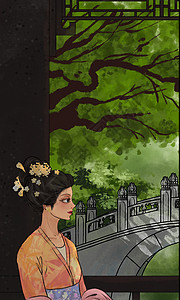站在桥上的女孩园林风景仕女图1插画
