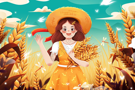 小麦子二十四节气芒种麦田里拿麦穗女孩插画插画
