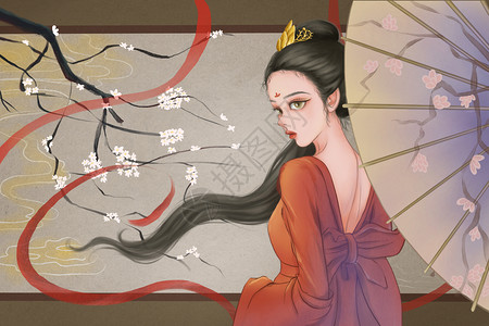 撑起红色伞古风中国风美女插画插画