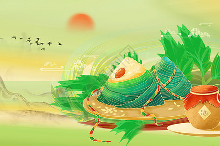蜂蜜粽子国潮手绘风端午节背景设计图片