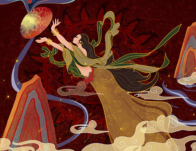 五色葡萄干神话传说女娲补天手绘插画插画