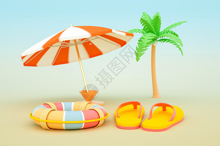 夏季沙滩和拖鞋3D清凉夏日场景设计图片