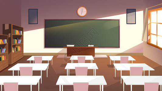 橙红色系暖色校园教室场景课桌教育插画