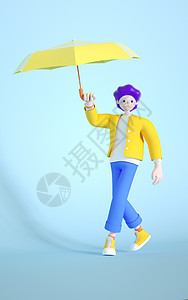 行走男孩C4D人物模型打雨伞的小男孩插画