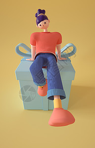 解封C4D女孩坐姿模型礼盒插画