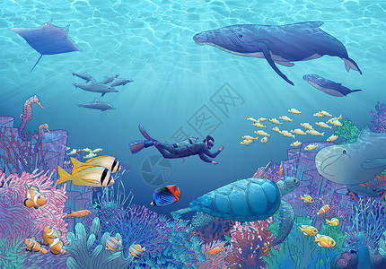 侏儒魔鬼鱼蓝色海洋保护潜水员插画