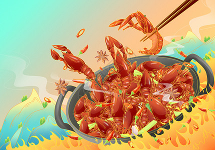 夏天夏至美食麻辣小龙虾八角火焰山国潮手绘插画背景图片