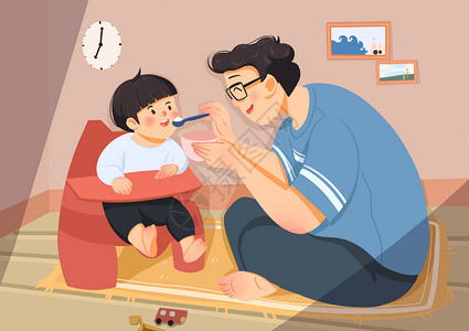 婴儿擦嘴父子温馨日常生活父亲节插画插画