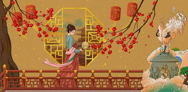 丹顶鹤和梅花长恨歌之唐朝少女拿着扇子站在走廊的梅花树下插画