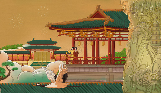 皇宫内景长恨歌之唐明皇和杨贵妃站在高处的亭子下观看风景插画