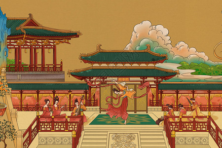 唐朝宫殿长恨歌之唐朝歌舞团在皇宫的台子上跳舞奏乐插画
