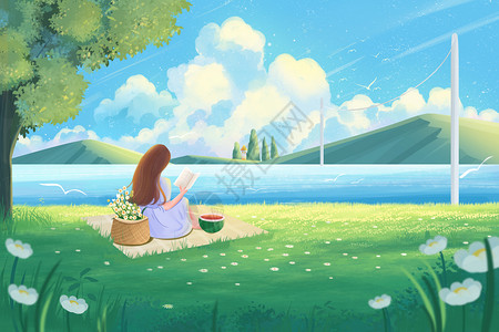 卡通出游夏至女孩在治愈草地湖边天空下看书插画海报插画