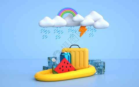 夏日彩虹3d云朵夏天下雨场景背景设计图片