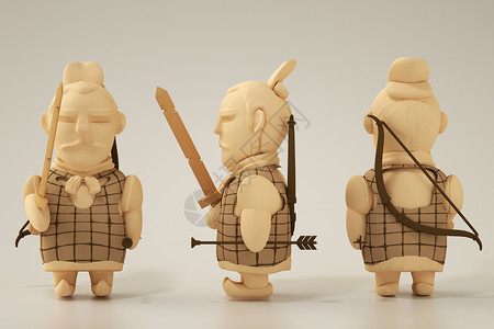 沙黄色中国传统文化秦朝人物短剑长弓兵马俑3dQ版人物元素图片