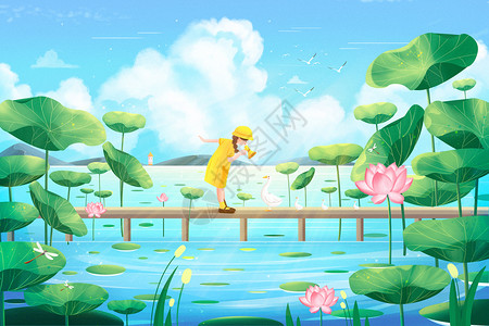 景金色粒子清新治愈夏天池塘上的小女孩插画