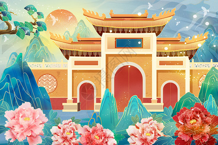 国潮中国风建筑插画背景图片