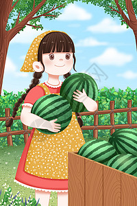 抱着水果的女孩夏天抱着西瓜的女孩插画