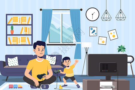 父亲节爸爸和儿子在家玩游戏机背景图片