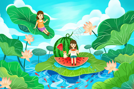 夏至之女孩吃西瓜游玩欣赏景观插画背景图片